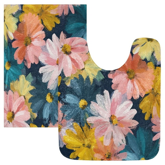 2 Piece Soft Bathroom Rug Set Oversized Daisies Bath Mat and U-Shaped Toilet Contour Rug (16"x24" 20"x24")