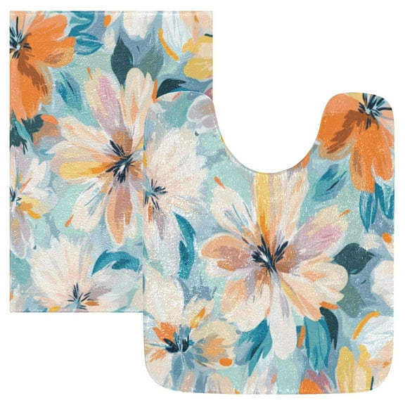 2 Piece Soft Bathroom Rug Set Oversized Flowers Pattern Bath Mat and U-Shaped Toilet Contour Rug (16"x24" 20"x24")