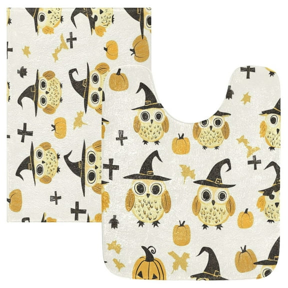 2 Piece Soft Bathroom Rug Set Owls Pattern Bath Mat and U-Shaped Toilet Contour Rug (16"x24" 20"x24")
