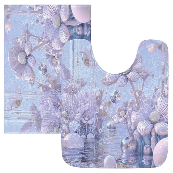 2 Piece Soft Bathroom Rug Set Pale Lavender Floral Bath Mat and U-Shaped Toilet Contour Rug (16"x24" 20"x24")