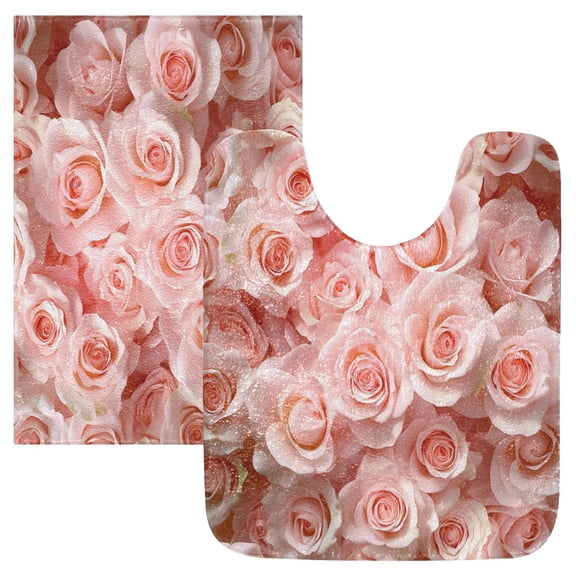 2 Piece Soft Bathroom Rug Set Pale Pink Rose Sea Bath Mat and U-Shaped Toilet Contour Rug (16"x24" 20"x24")