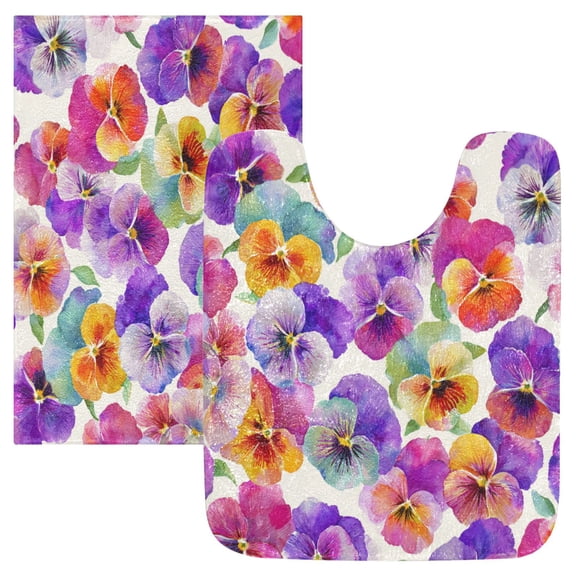 2 Piece Soft Bathroom Rug Set Pansy Pattern Bath Mat and U-Shaped Toilet Contour Rug (16"x24" 20"x24")