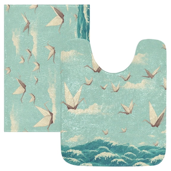 2 Piece Soft Bathroom Rug Set Paper Cranes Pattern Bath Mat and U-Shaped Toilet Contour Rug (16"x24" 20"x24")
