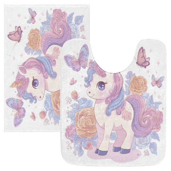 2 Piece Soft Bathroom Rug Set Pastel Colors Unicorn Bath Mat and U-Shaped Toilet Contour Rug (16"x24" 20"x24")