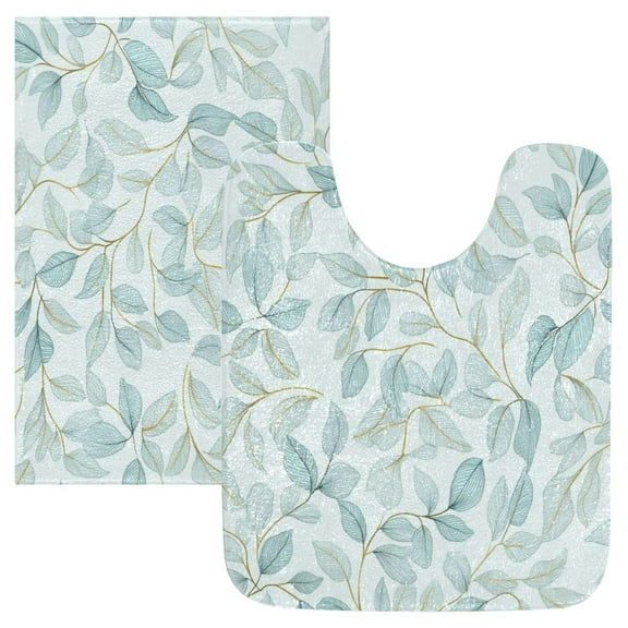 2 Piece Soft Bathroom Rug Set Pastel Mint Green Leaves Bath Mat and U-Shaped Toilet Contour Rug (16"x24"+20"x24")