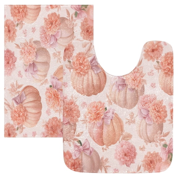 2 Piece Soft Bathroom Rug Set Pastel Pink Pumpkins Bath Mat and U-Shaped Toilet Contour Rug (16"x24" 20"x24")