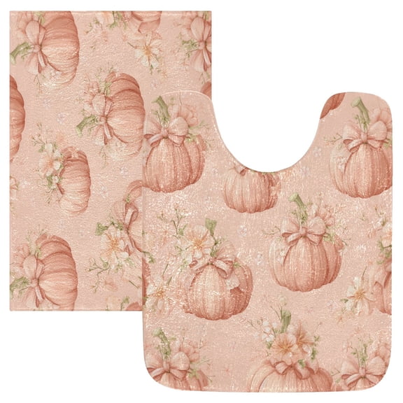 2 Piece Soft Bathroom Rug Set Pastel Pink Pumpkins and Flowers Bath Mat and U-Shaped Toilet Contour Rug (16"x24" 20"x24")