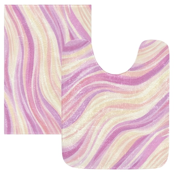 2 Piece Soft Bathroom Rug Set Pastel Pink Wavy Lines Bath Mat and U-Shaped Toilet Contour Rug (16"x24" 20"x24")