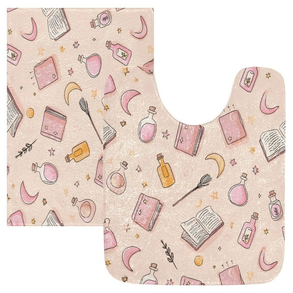 2 Piece Soft Bathroom Rug Set Pastel Pink Witchy Items Bath Mat and U-Shaped Toilet Contour Rug (16"x24" 20"x24")