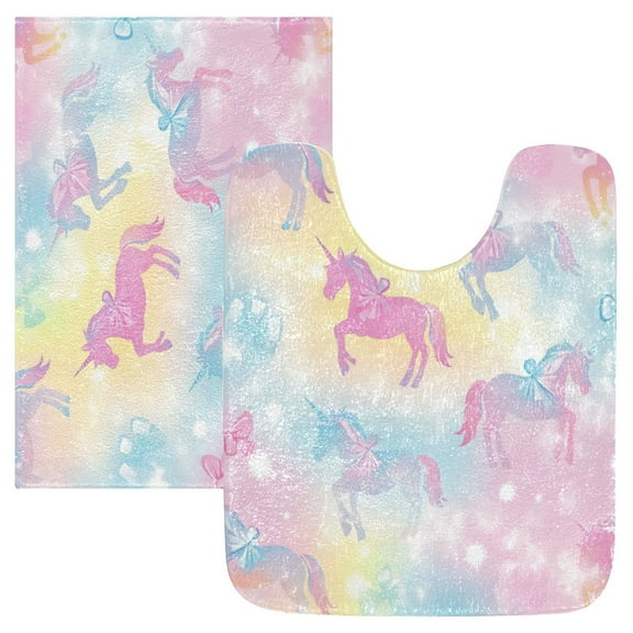 2 Piece Soft Bathroom Rug Set Pastel Unicorns and Bows Bath Mat and U-Shaped Toilet Contour Rug (16"x24" 20"x24")
