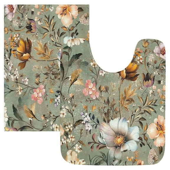 2 Piece Soft Bathroom Rug Set Pastel Vintage Floral Bath Mat and U-Shaped Toilet Contour Rug (16"x24"+20"x24")