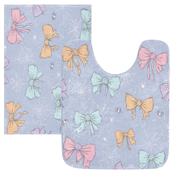 2 Piece Soft Bathroom Rug Set Pastel-colored Bows and Spider Webs Bath Mat and U-Shaped Toilet Contour Rug (16"x24" 20"x24")