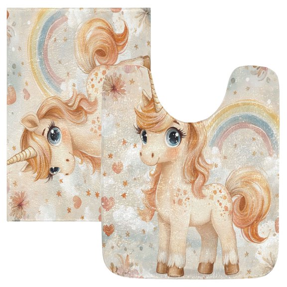 2 Piece Soft Bathroom Rug Set Pastel-colored Unicorn Bath Mat and U-Shaped Toilet Contour Rug (16"x24" 20"x24")