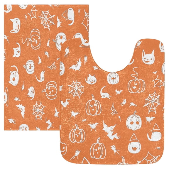 2 Piece Soft Bathroom Rug Set Pattern Of Cute Halloween Elements Bath Mat and U-Shaped Toilet Contour Rug (16"x24" 20"x24")