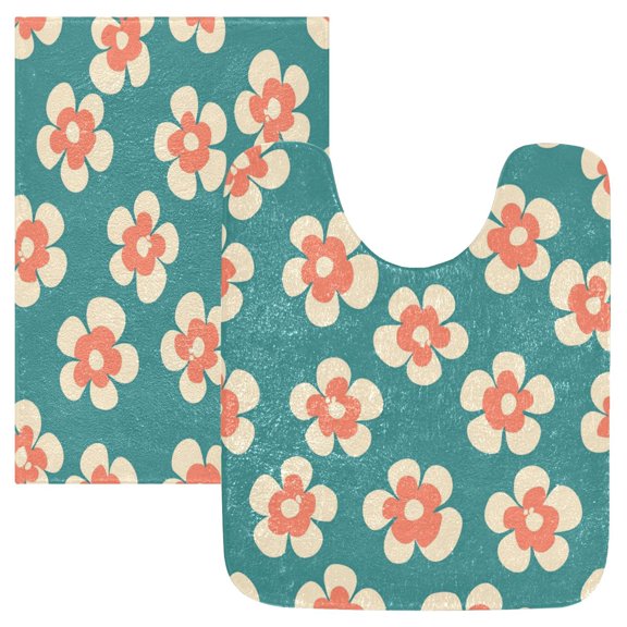 2 Piece Soft Bathroom Rug Set Peach Color Flowers Bath Mat and U-Shaped Toilet Contour Rug (16"x24" 20"x24")