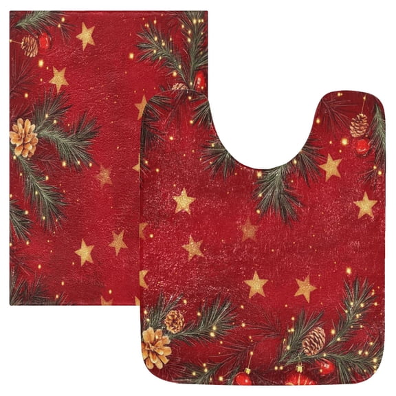 2 Piece Soft Bathroom Rug Set Pine Branchesand Stars Bath Mat and U-Shaped Toilet Contour Rug (16"x24" 20"x24")