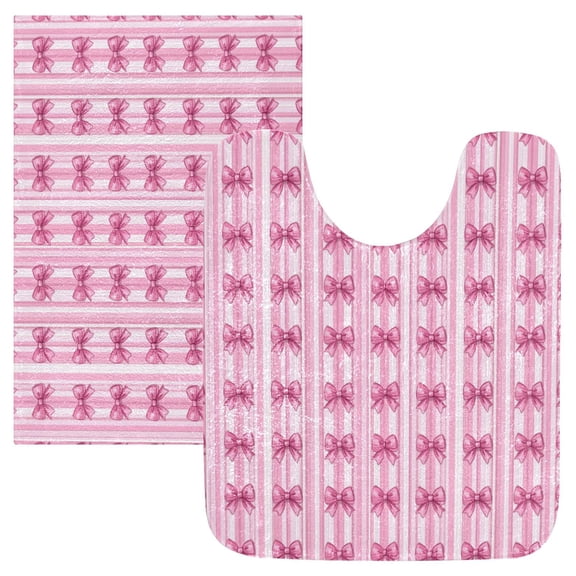2 Piece Soft Bathroom Rug Set Pink Bows Bath Mat and U-Shaped Toilet Contour Rug (16"x24" 20"x24")
