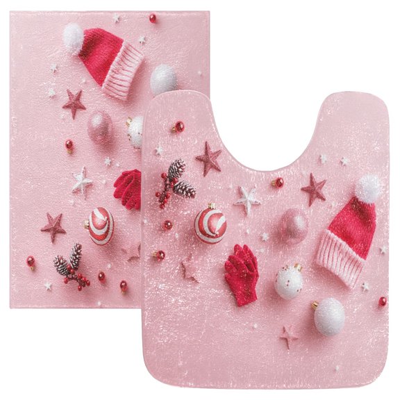 2 Piece Soft Bathroom Rug Set Pink Christmas Background Bath Mat and U-Shaped Toilet Contour Rug (16"x24" 20"x24")