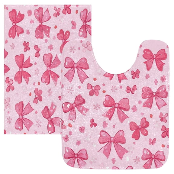 2 Piece Soft Bathroom Rug Set Pink Cute Bows Bath Mat and U-Shaped Toilet Contour Rug (16"x24" 20"x24")