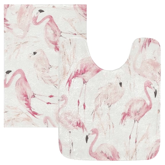 2 Piece Soft Bathroom Rug Set Pink Flamingos Bath Mat and U-Shaped Toilet Contour Rug (16"x24" 20"x24")