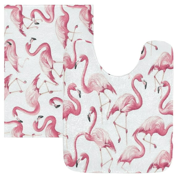 2 Piece Soft Bathroom Rug Set Pink Flamingos Pattern Bath Mat and U-Shaped Toilet Contour Rug (16"x24" 20"x24")
