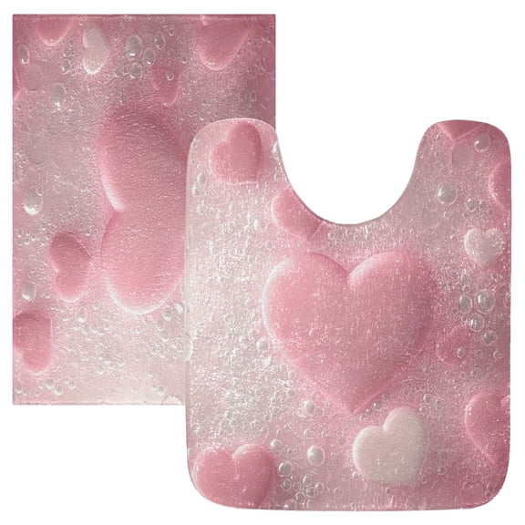 2 Piece Soft Bathroom Rug Set Pink Heart Bubbles Bath Mat and U-Shaped Toilet Contour Rug (16"x24"+20"x24")