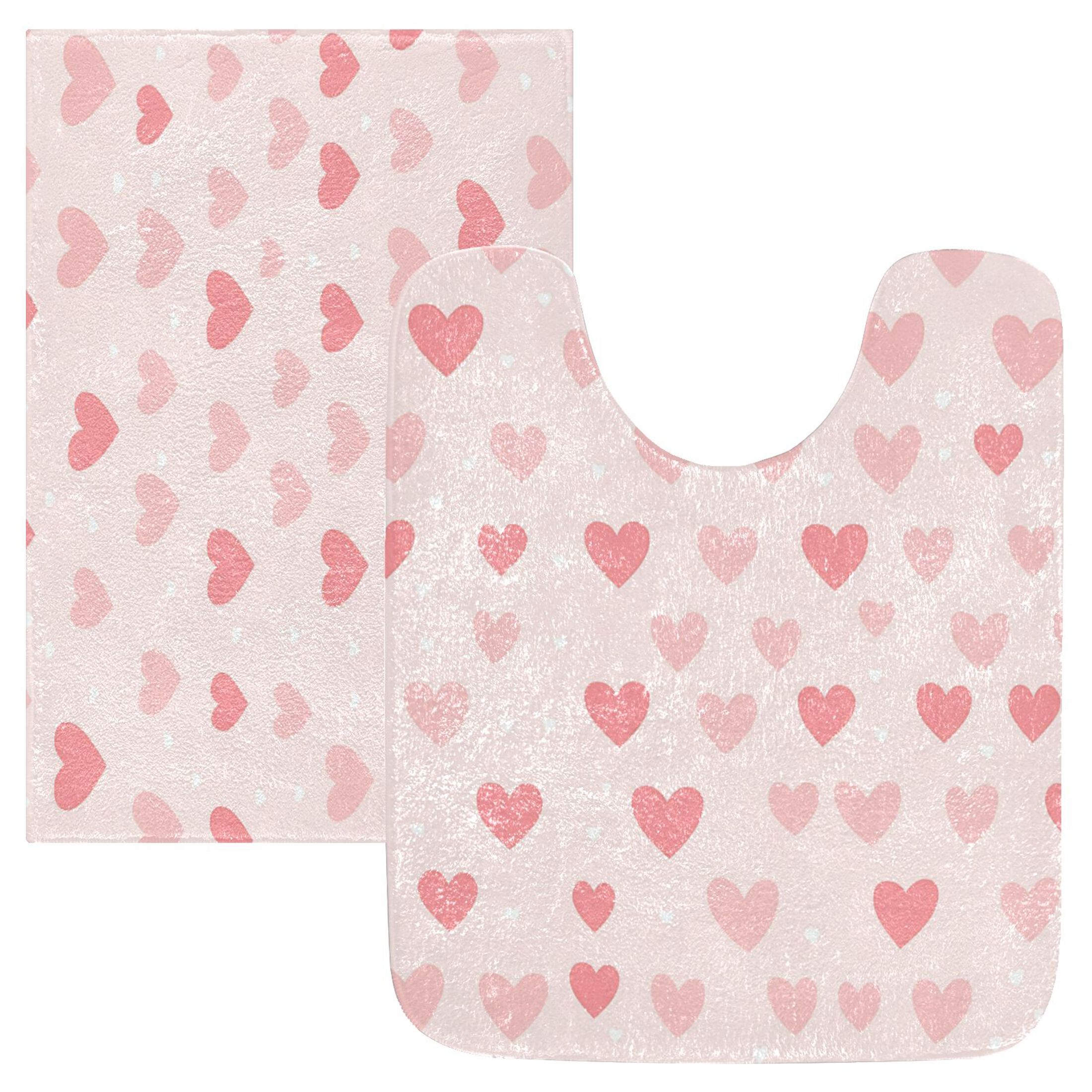 2 Piece Soft Bathroom Rug Set Pink Love Heart Bath Mat and U-Shaped ...