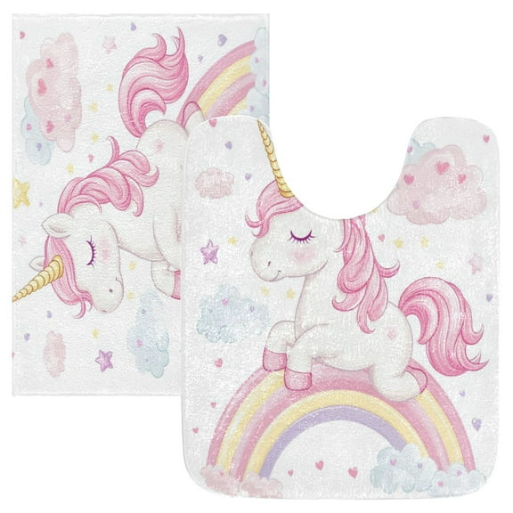 2 Piece Soft Bathroom Rug Set Pink Mane and Golden Unicorn Bath Mat and U-Shaped Toilet Contour Rug (16"x24" 20"x24")