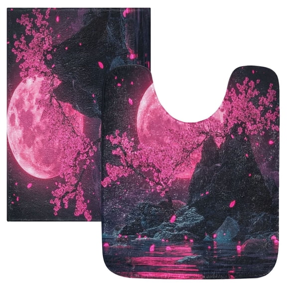 2 Piece Soft Bathroom Rug Set Pink Moon and Cherry Blossoms Bath Mat and U-Shaped Toilet Contour Rug (16"x24" 20"x24")