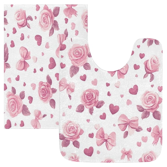 2 Piece Soft Bathroom Rug Set Pink Roses and Bows Bath Mat and U-Shaped Toilet Contour Rug (16"x24" 20"x24")