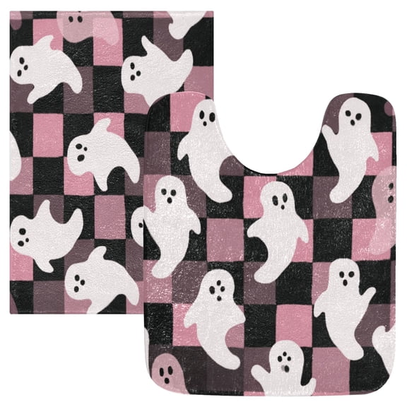 2 Piece Soft Bathroom Rug Set Pink and Black Cartoon Ghosts Bath Mat and U-Shaped Toilet Contour Rug (16"x24" 20"x24")