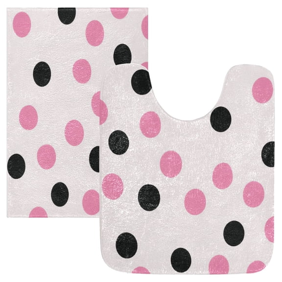 2 Piece Soft Bathroom Rug Set Pink and Black Dots Bath Mat and U-Shaped Toilet Contour Rug (16"x24" 20"x24")