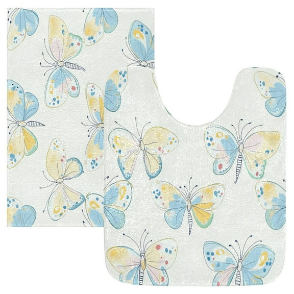 2 Piece Soft Bathroom Rug Set Pink and Blue Butterfly Bath Mat and U-Shaped Toilet Contour Rug (16"x24"+20"x24")