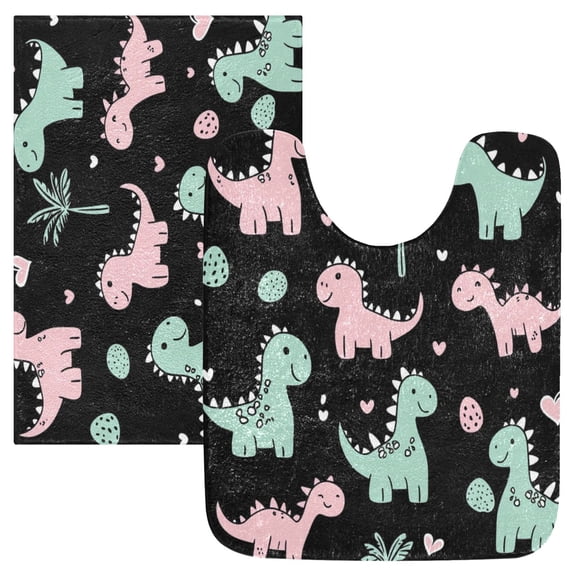 2 Piece Soft Bathroom Rug Set Pink and Green Dinosaurs Bath Mat and U-Shaped Toilet Contour Rug (16"x24" 20"x24")