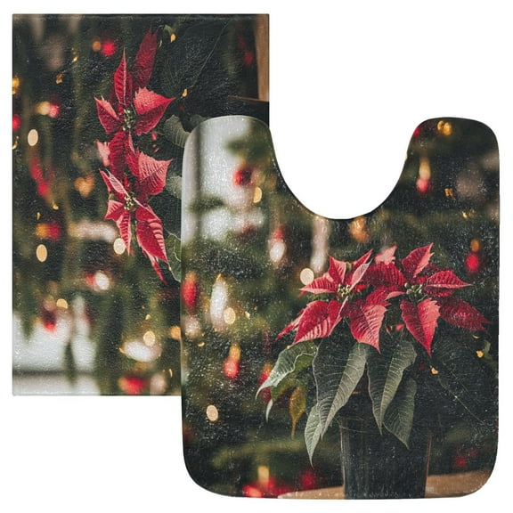 2 Piece Soft Bathroom Rug Set Poinsettia Plant Bath Mat and U-Shaped Toilet Contour Rug (16"x24"+20"x24")