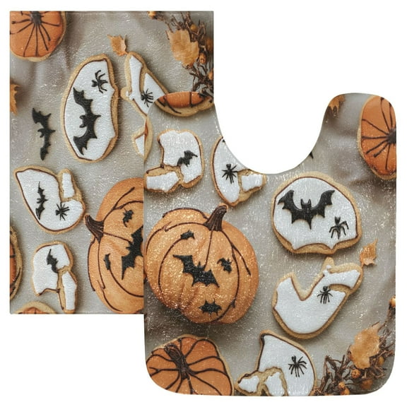 2 Piece Soft Bathroom Rug Set Pumpkin-shaped Cookies Bath Mat and U-Shaped Toilet Contour Rug (16"x24" 20"x24")