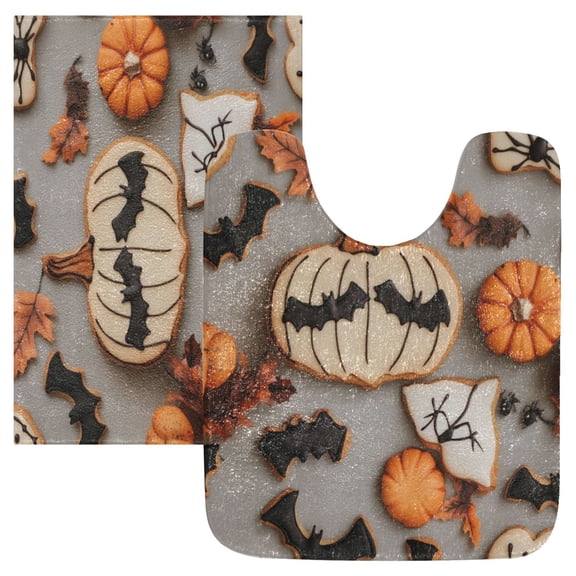 2 Piece Soft Bathroom Rug Set Pumpkin-shaped Cookies with Bat Bath Mat and U-Shaped Toilet Contour Rug (16"x24" 20"x24")