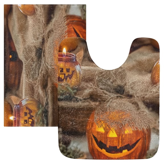 2 Piece Soft Bathroom Rug Set Pumpkin-shaped Glass Jar Bath Mat and U-Shaped Toilet Contour Rug (16"x24" 20"x24")