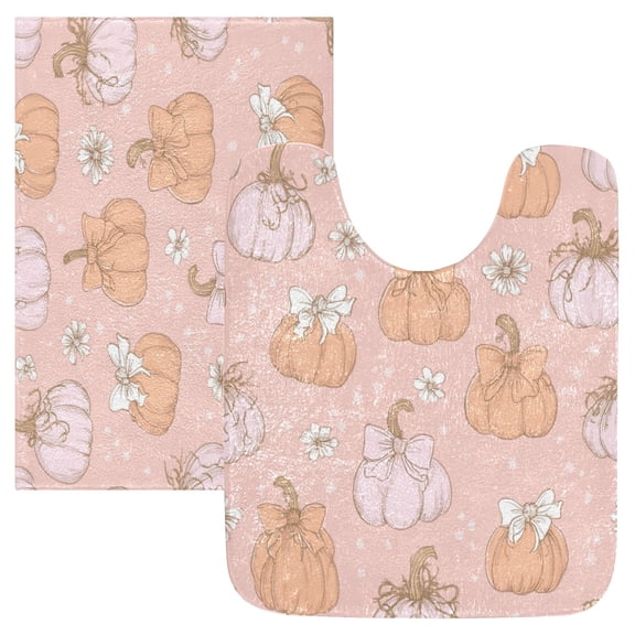 2 Piece Soft Bathroom Rug Set Pumpkins Adorned in Bows Bath Mat and U-Shaped Toilet Contour Rug (16"x24" 20"x24")