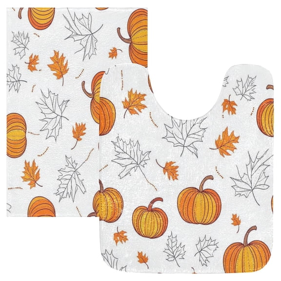 2 Piece Soft Bathroom Rug Set Pumpkins and Leaves Pattern Bath Mat and U-Shaped Toilet Contour Rug (16"x24" 20"x24")