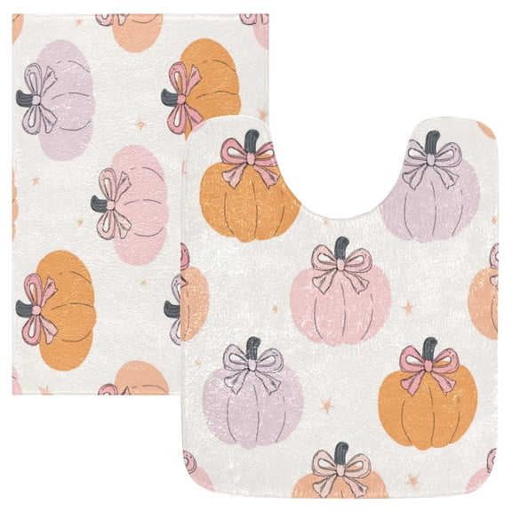 2 Piece Soft Bathroom Rug Set Pumpkins with Bows Bath Mat and U-Shaped Toilet Contour Rug (16"x24" 20"x24")