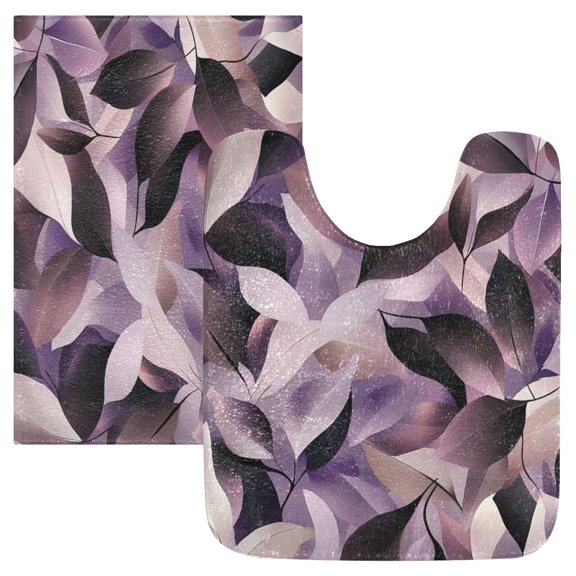 2 Piece Soft Bathroom Rug Set Purple Abstract Leaves Bath Mat and U-Shaped Toilet Contour Rug (16"x24" 20"x24")