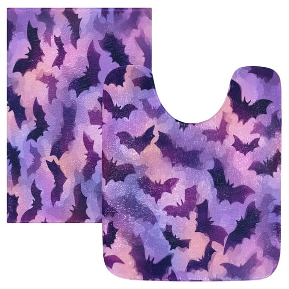2 Piece Soft Bathroom Rug Set Purple Bats Pattern Bath Mat and U-Shaped Toilet Contour Rug (16"x24" 20"x24")