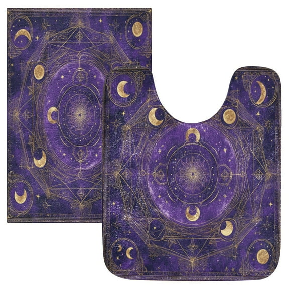 2 Piece Soft Bathroom Rug Set Purple Celestial Pattern Bath Mat and U-Shaped Toilet Contour Rug (16"x24" 20"x24")