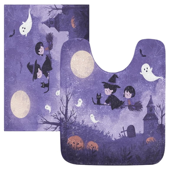 2 Piece Soft Bathroom Rug Set Purple Halloween-themed Background Bath Mat and U-Shaped Toilet Contour Rug (16"x24" 20"x24")