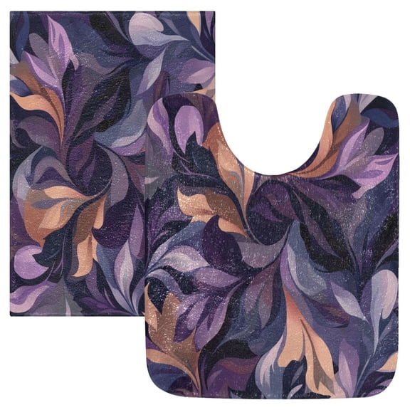 2 Piece Soft Bathroom Rug Set Purple Leaves Bath Mat and U-Shaped Toilet Contour Rug (16"x24" 20"x24")