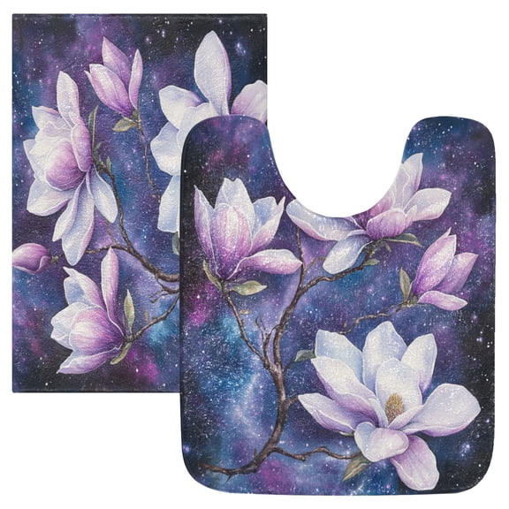 2 Piece Soft Bathroom Rug Set Purple Magnolia Flowers Bath Mat and U-Shaped Toilet Contour Rug (16"x24" 20"x24")