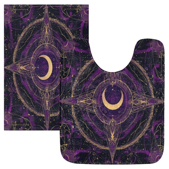2 Piece Soft Bathroom Rug Set Purple Mystical Pattern Bath Mat and U-Shaped Toilet Contour Rug (16"x24" 20"x24")
