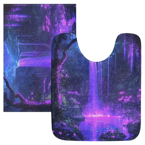 2 Piece Soft Bathroom Rug Set Purple Neon Waterfall Bath Mat and U-Shaped Toilet Contour Rug (16"x24"+20"x24")