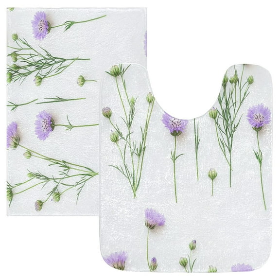 2 Piece Soft Bathroom Rug Set Purple and Green Wildflowers Bath Mat and U-Shaped Toilet Contour Rug (16"x24" 20"x24")